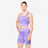 DOMYOS Crop top tielko na fitness s maskáčovým vzorom fialové XL · záber 1