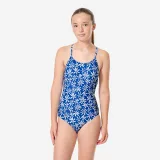 DECATHLON Dievčenské jednodielne plavecké plavky Lila kvetované modré 8-9 r (131-140 cm) · záber 1
